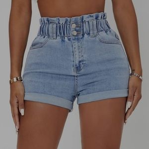 Paperbag waist rolled hem denim shorts